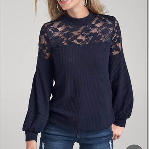 Navy Waffle Mock Neck Lace Top